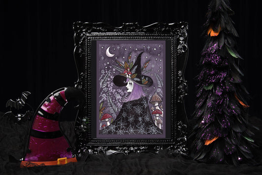 Luna The Midnight Witch Print - Watercolour Purple Gothic Forest Hedgewitch A5 - A4 - A3 Illustration Print - Toadstool Mushroom Witchcraft