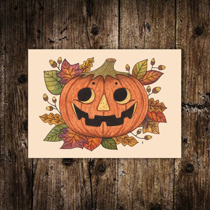 Mini Pumpkin Head Print - Small A6 Whimsical Autumn Jack O Lantern Illustration - Mini Halloween Leaves Acorns Pumpkin Patch Postcard Print