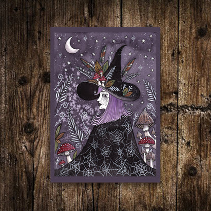 Mini A6 Luna Midnight Witch Print -  Small Purple Gothic Witchcraft Illustration - Watercolour Toadstool Mushroom Forest Hedgewitch Postcard