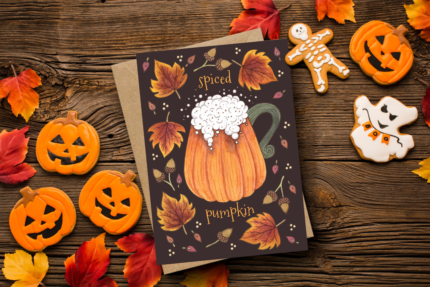 Spiced Pumpkin Greetings Card & Envelope - Pumpkin Spice PSL Autumn Falling Leaves Card - Halloween Pumpkin Mug Thanksgiving Greetings Card