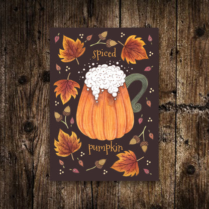 Mini Spiced Pumpkin Print - Small A6 Cosy Halloween Pumpkin Spice Latte Illustration - Whimsical Autumn Falling Leaves Kitchen Decoration