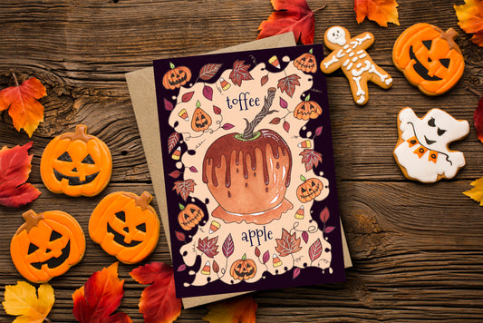 Toffee Apple Greetings Card & Envelope - Spooky And Cute Candy Apple Halloween Card - Cosy Leaves Candy Corn Pumpkins Bonfire Night Card