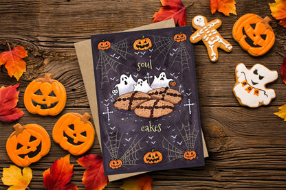 Soul Cakes Greetings Card & Envelope - Halloween All Hallows Eve Samhain Card - Spooky Baking Card - Ghost Bat Cobweb Trick Or Treat Gift