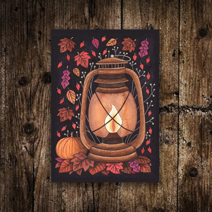 Mini A6 Winter's Flame Print - Small Rustic Vintage Oil Lantern Illustration - Red Orange Cosy Autumn Winter New Years Lamp Postcard Art
