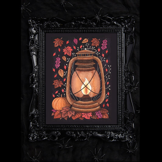 Winter's Flame Print - A5 - A4 - A3 Rustic Vintage Oil Lantern Watercolour Illustration - Red Orange Cosy Autumn Winter New Years Lamp Art