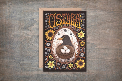Ostara Greetings Card & Envelope -  Pagan Spring Blackbird Nest Card - Brown Yellow Floral Easter Egg Card - Spring Equinox Pagan Altar Gift