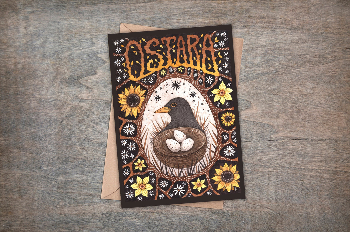 Ostara Greetings Card & Envelope -  Pagan Spring Blackbird Nest Card - Brown Yellow Floral Easter Egg Card - Spring Equinox Pagan Altar Gift