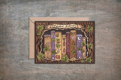 Woodland Fables Greetings Card & Envelope - Whimsical Witchy Bookshelf Illustrated Card -  Brown Rustic Book Lover Library Bookstack Card