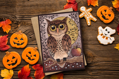 Wise Old Owl Greetings Card & Envelope - Whimsical Vintage Halloween Watercolour Owl Illustrated Card - Brown Spooky Owl Moon And Apple Card
