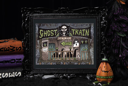 Ghost Train Print - Spooky Funfair Horror Ride A5 - A4 - A3 Halloween Horror Wall Art - Retro Vintage Style Dark Ride Fairground Decoration