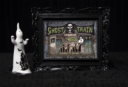 Ghost Train Print - Spooky Funfair Horror Ride A5 - A4 - A3 Halloween Horror Wall Art - Retro Vintage Style Dark Ride Fairground Decoration