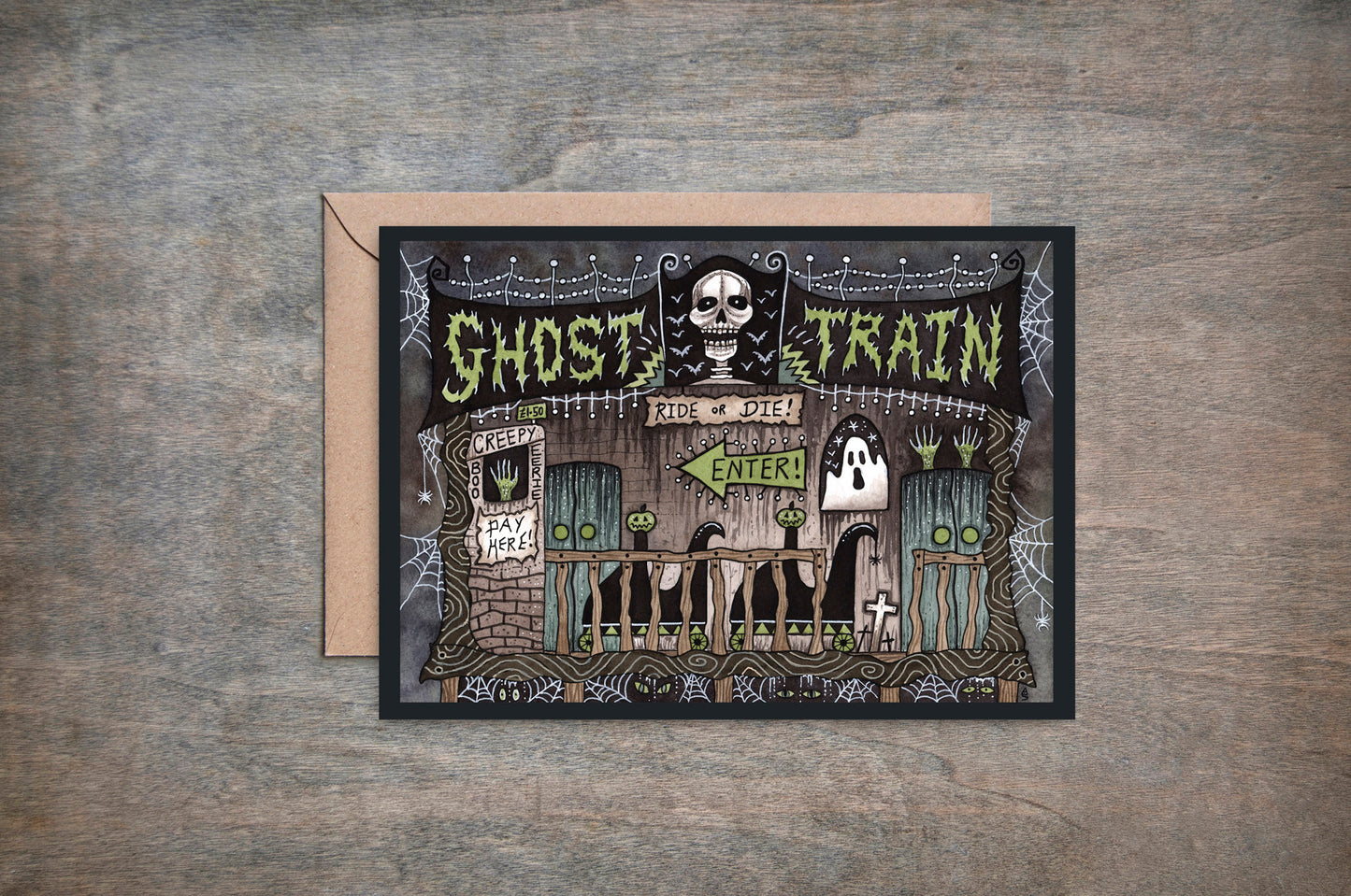 Ghost Train Greetings Card & Envelope - Spooky Funfair Horror Ride Illustrated Card - Vintage Retro Style Fairground Dark Ride Carnival Card