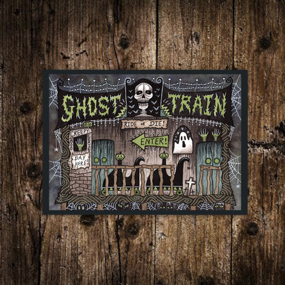 Mini Ghost Train Print - Small A6 Spooky Funfair Horror Ride Illustration - Mini Halloween Postcard - Vintage Retro carnival Art Decor
