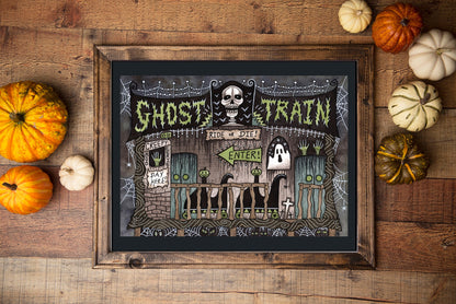Ghost Train Print - Spooky Funfair Horror Ride A5 - A4 - A3 Halloween Horror Wall Art - Retro Vintage Style Dark Ride Fairground Decoration