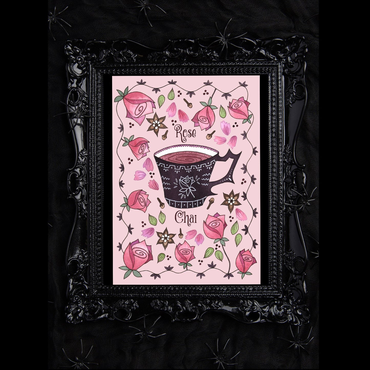 Rose Chai Tea Illustration Print - Romantic Watercolour Pink Victorian Teacup A5 - A4 - A3 Art - Vintage Pink Rosebud Kitchen Bedroom Decor