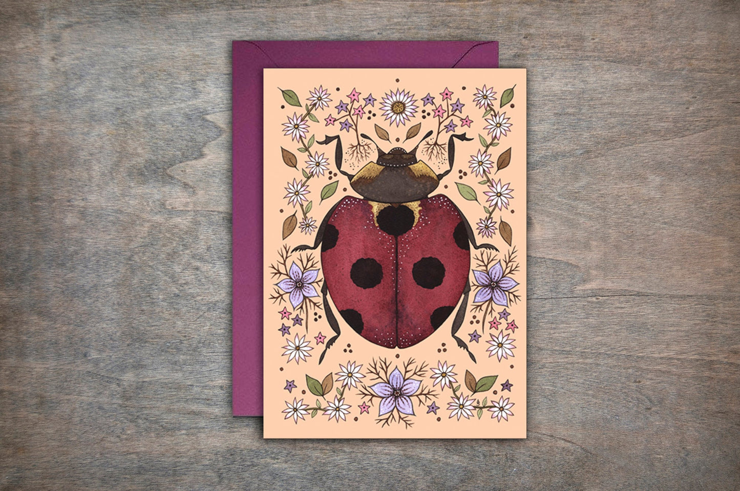 Spring Ladybug Greetings Card & Envelope - Spring Summer Ladybird Card - Cute Peach Ladybug Card - Cottagecore Wildflower Floral Garden Card