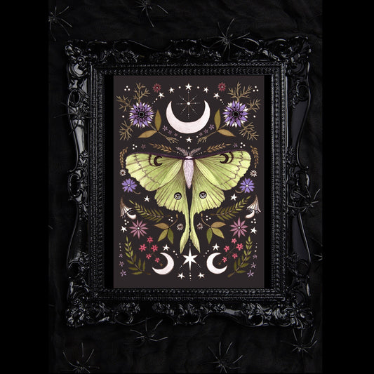 Luna Moth Print - Floral Botanical Moon Moth Spring Summer A5 - A4 - A3 Watercolor Celestial Art - Gothic Green Witch Cottagecore Décor