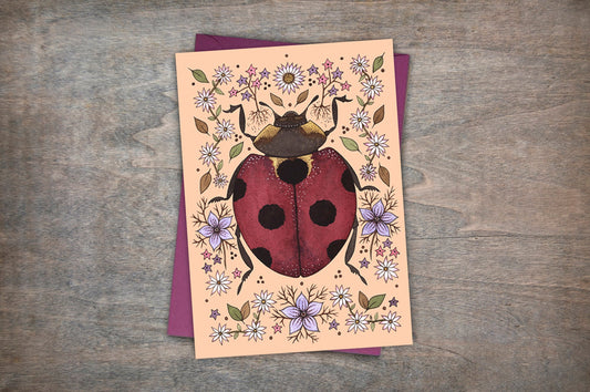 Spring Ladybug Greetings Card & Envelope - Spring Summer Ladybird Card - Cute Peach Ladybug Card - Cottagecore Wildflower Floral Garden Card