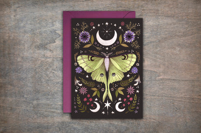 Luna Moth Greetings Card & Envelope - Floral Botanical Moon Moth Celestial Card - Goth Pagan Green Witch Card - Cottagecore Hedgewitch Gift
