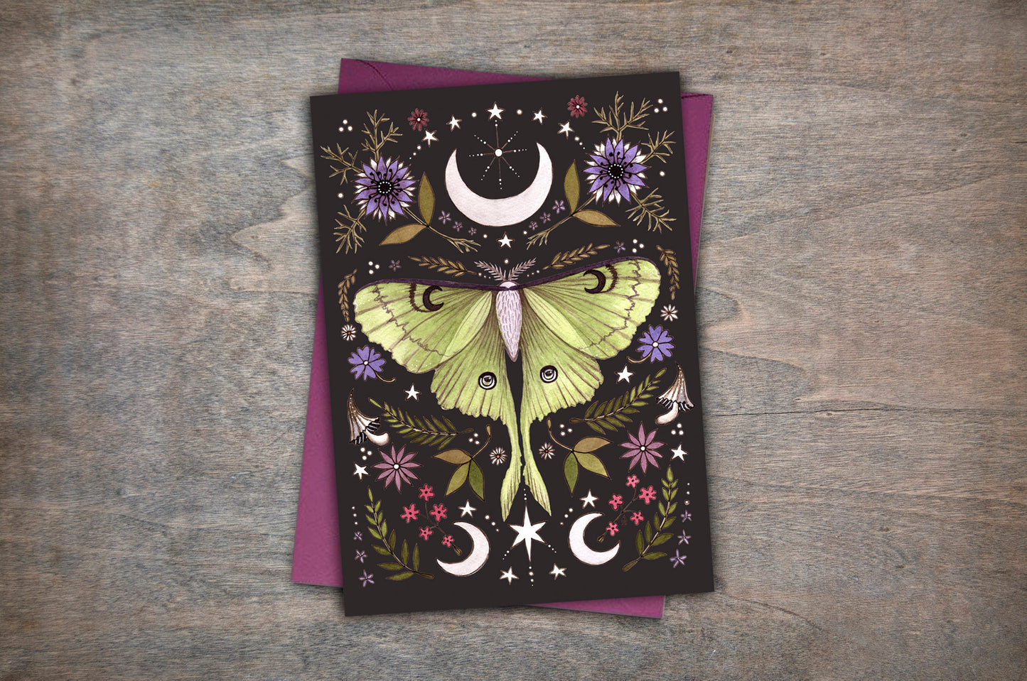 Luna Moth Greetings Card & Envelope - Floral Botanical Moon Moth Celestial Card - Goth Pagan Green Witch Card - Cottagecore Hedgewitch Gift