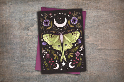 Luna Moth Greetings Card & Envelope - Floral Botanical Moon Moth Celestial Card - Goth Pagan Green Witch Card - Cottagecore Hedgewitch Gift