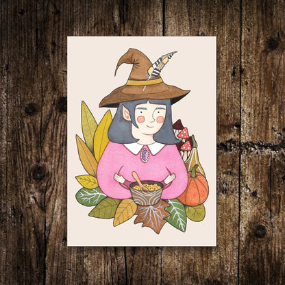 Mini Hedgewitch Print - Small A6 Watercolour Hazel The Hedgewitch Illustration - Mini Nature Cosy Autumn Green Witchcraft Postcard Print